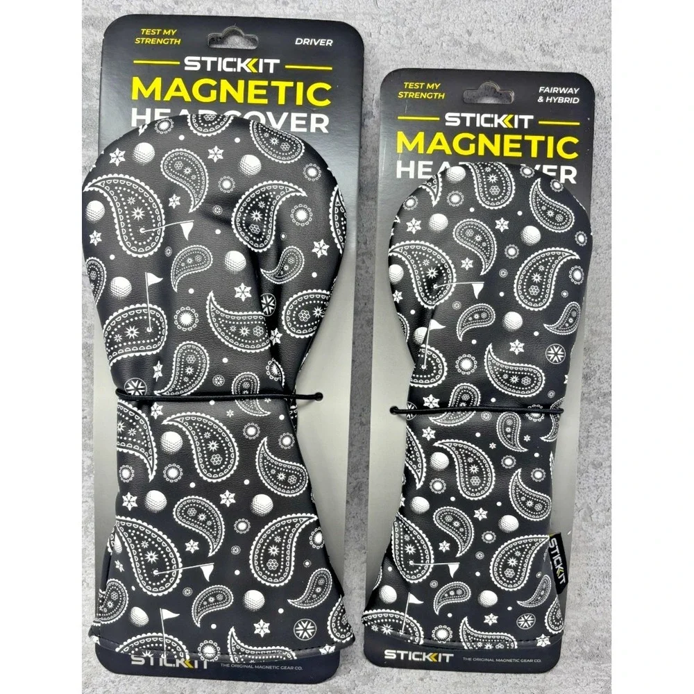 New! HYBRID & DRIVER StickIt Magnetic Golf Headcovers Set Black & White Paisley